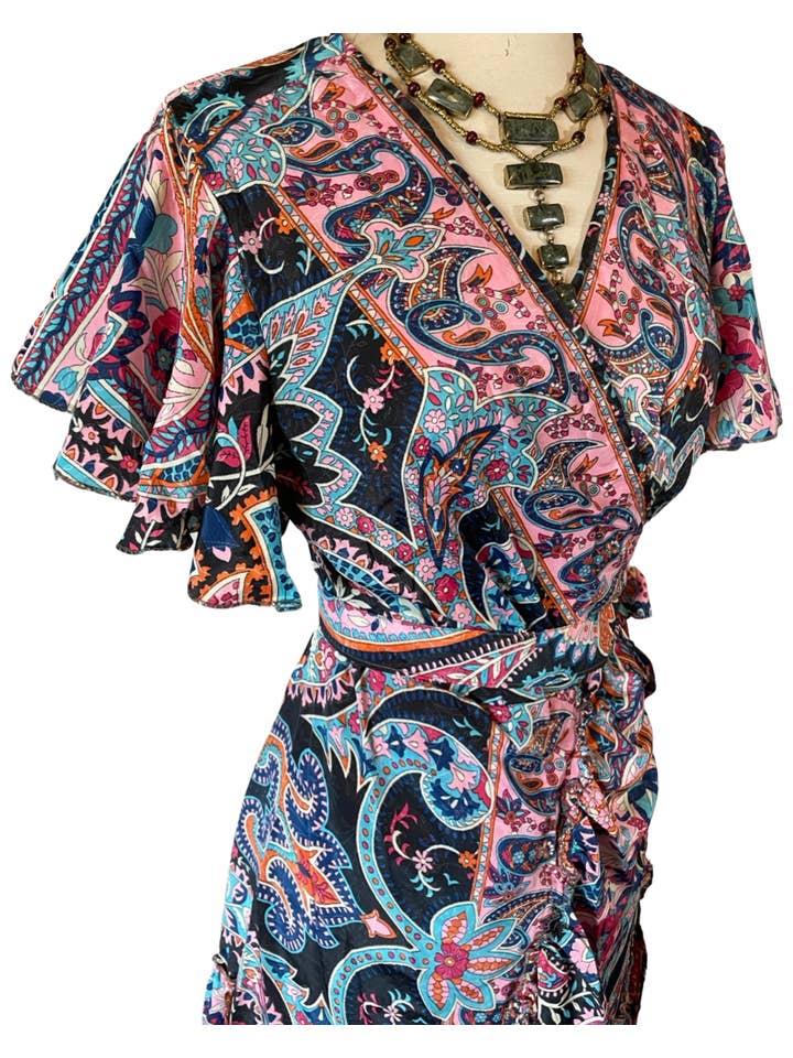 Pink and Silver - Vendita all'ingrosso Vestito - Donna - Abito kimono corto regolabile in seta (blu scuro/rosa)