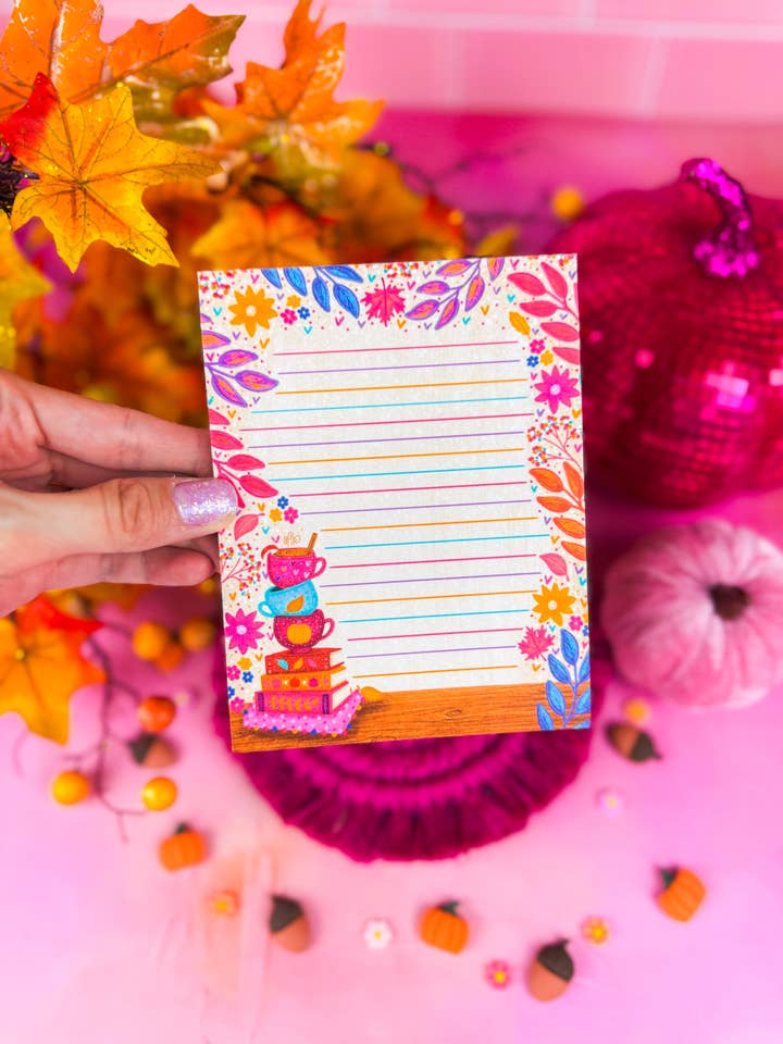Cozy Fall Book Stack Notepad 4.25" x 5.5" for wholesale by Emily Cromwell Designs