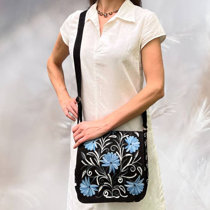 Rayz Intl - Wholesale Messenger Bag - Women's - Handmade Black and Blue Suede Embroidered Messenger Bag