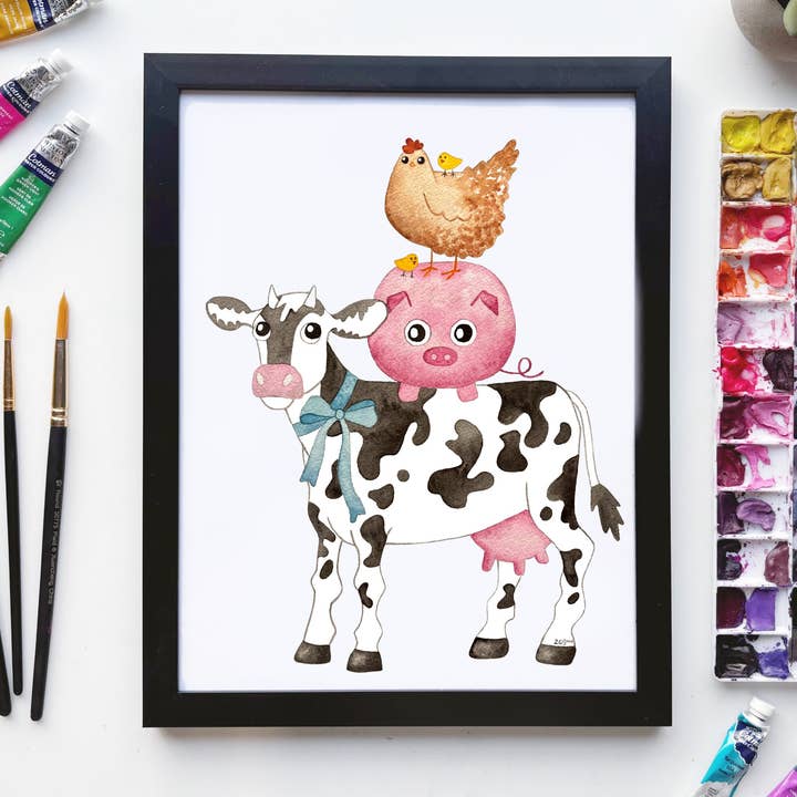Cow and Friends Print – Farm Animal Stack Art for wholesale by Owlfeathers Watercolor