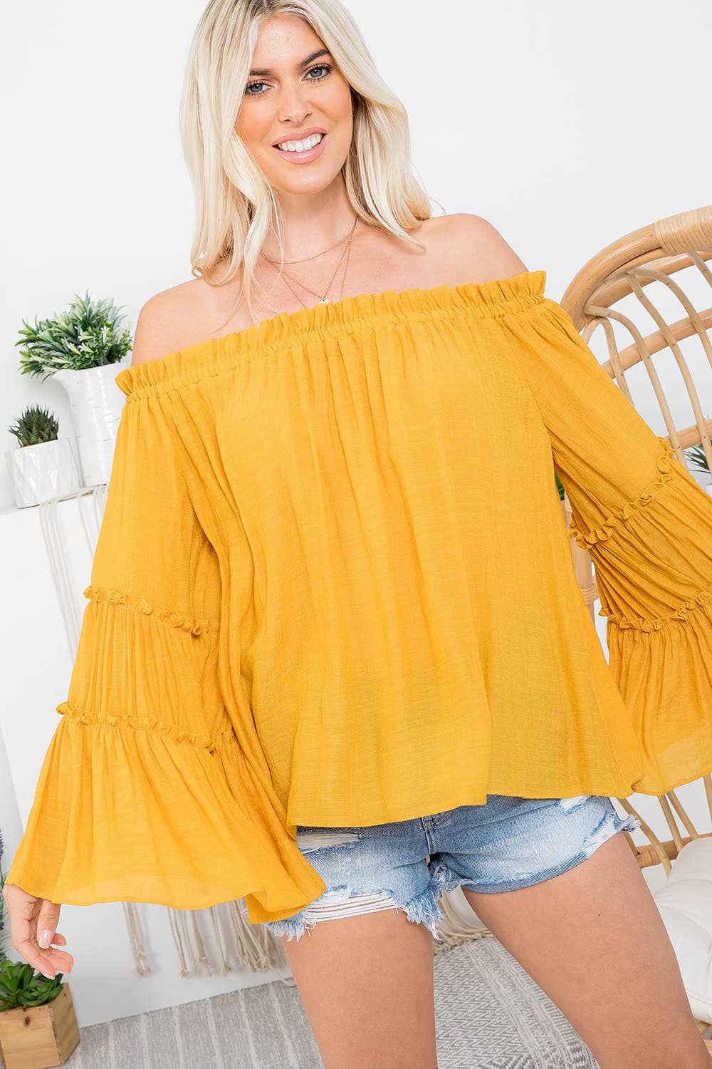 Sweet Lovely by Jen - Wholesale Blouse – Women’s - OFF SHOULDER TIERED BELL SLEEVE TOP50