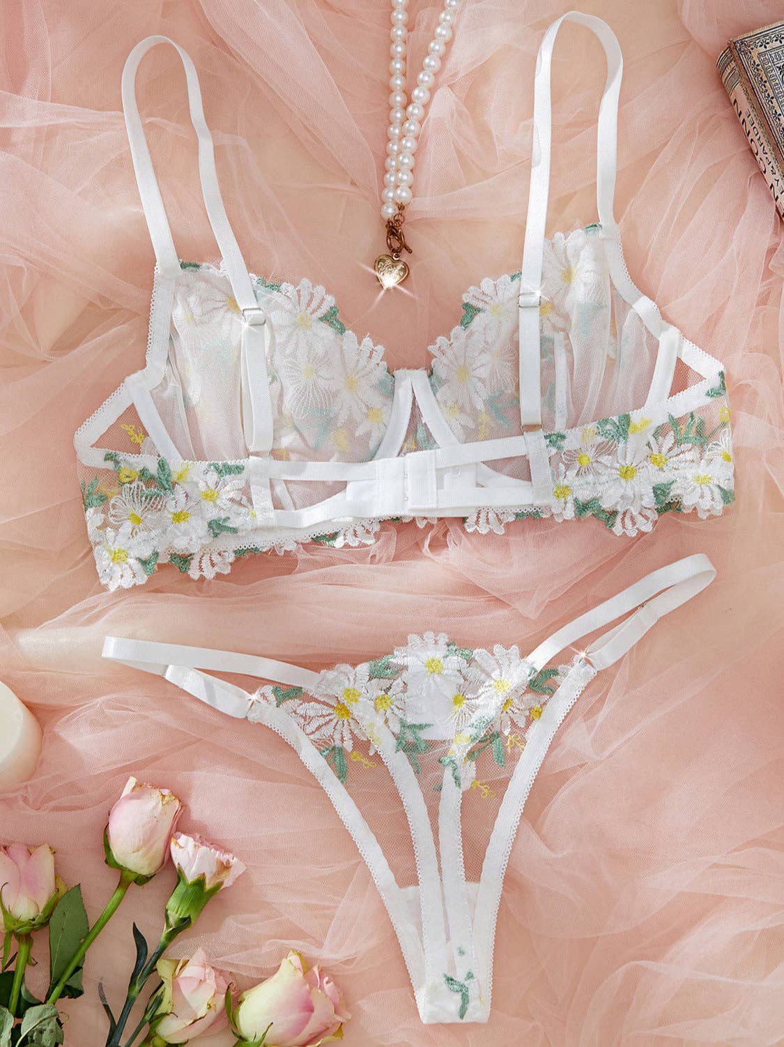 White Ladies Embroidery Daisy Bra Thong 2PCS Lingerie Set SKLG4001 for wholesale on Faire1