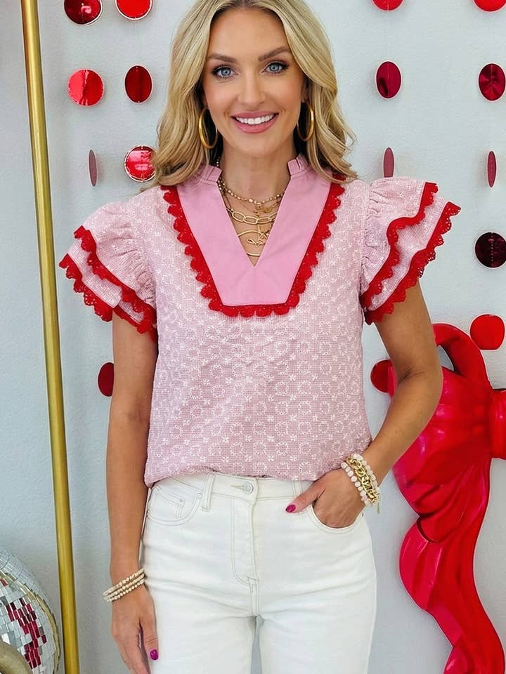 Blouse en dentelle à œillets brodés à texture florale 66 (S-4X) pour la vente par 66DISCO