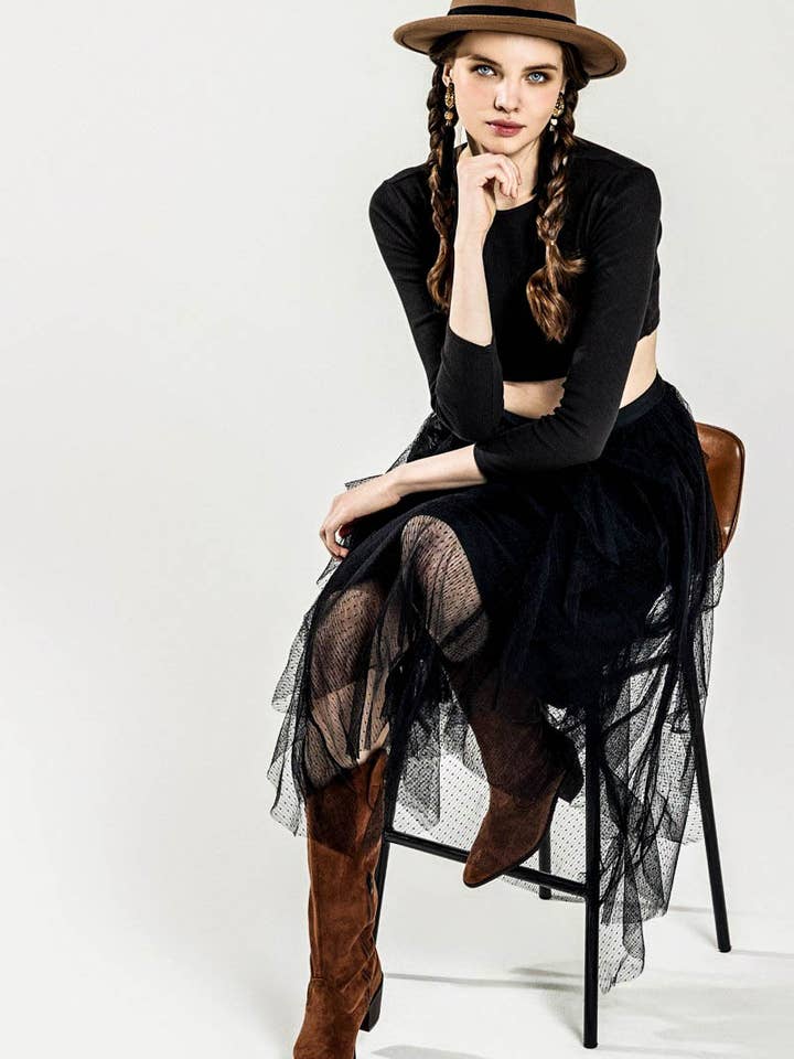 noflik - Wholesale Rok - Dames - Waterval PolkaDot Tule Mesh Ruffle Midi Rok- INS1009_8