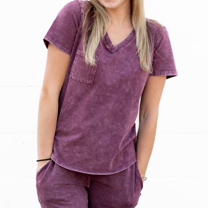 MAMA V-NECK- Oxblood Snow Wash for wholesale by millie + roo LLC