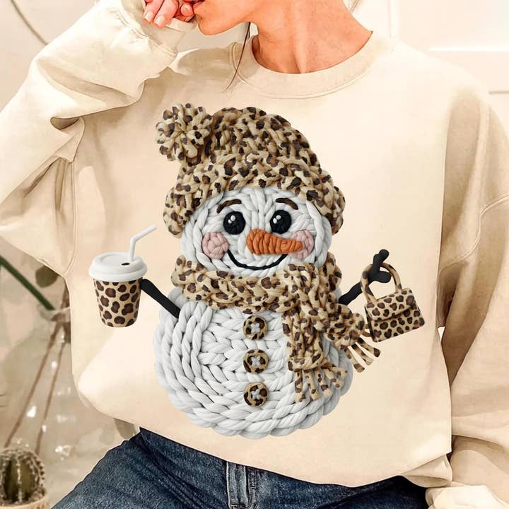 DLT Ecommerce - Wholesale T-Shirt (Graphic) - Women's - Faux Yarn Crochet Snowman Shirt, Leopard Christmas Sweater4