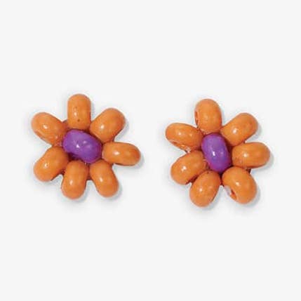 Game Day Flower Two Color Beaded Post Earrings Orange and Purple Wholesale for wholesale by INK + ALLOY
