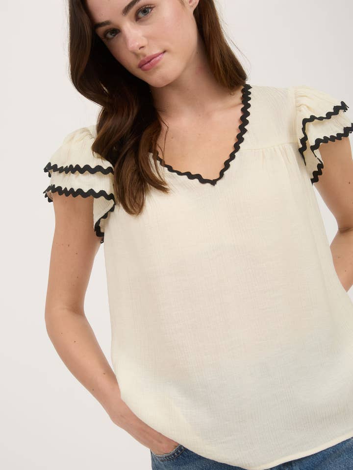 Blu Pepper - Wholesale Blouse - Women's - V NECK WAVY TRIM RUFFLE SLEEVE TOP