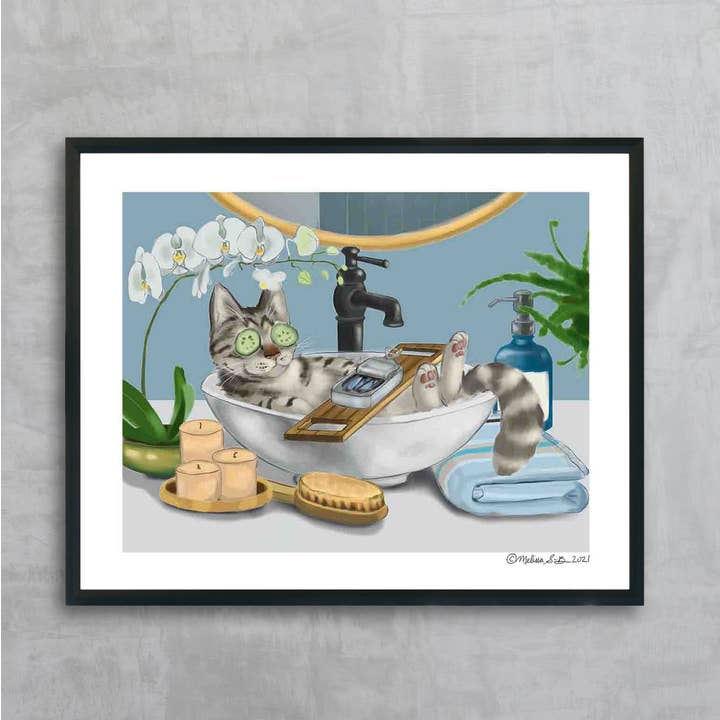 Kitty Spa Day Fine Art Print for wholesale by True North Creations