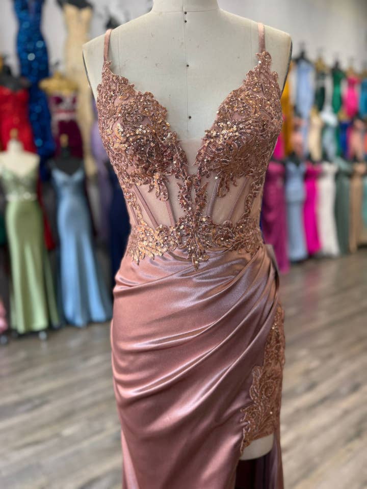 La Veneto - Wholesale Dress - Women's - Deep v-neckline, thin straps, embellished bodice & leg slit7