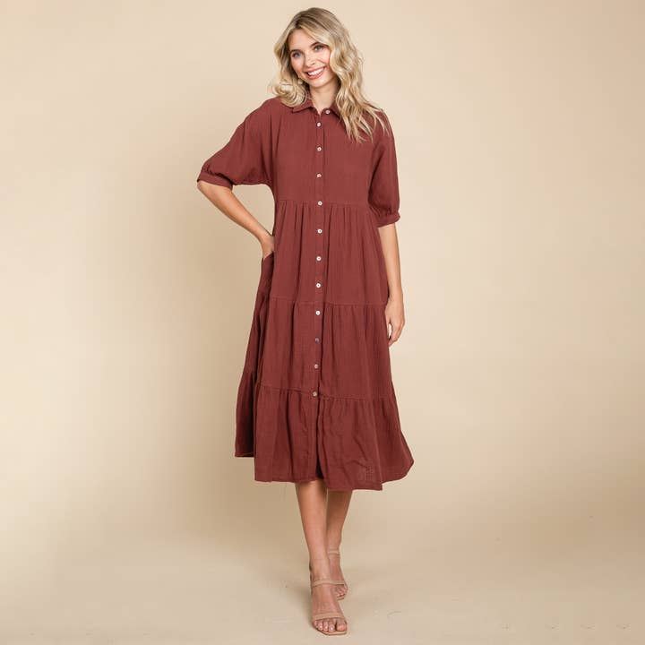 ROLYPOLY - Wholesale Dress - Women's - Tiered Double Gauze Cotton Midi Shirt Dress14