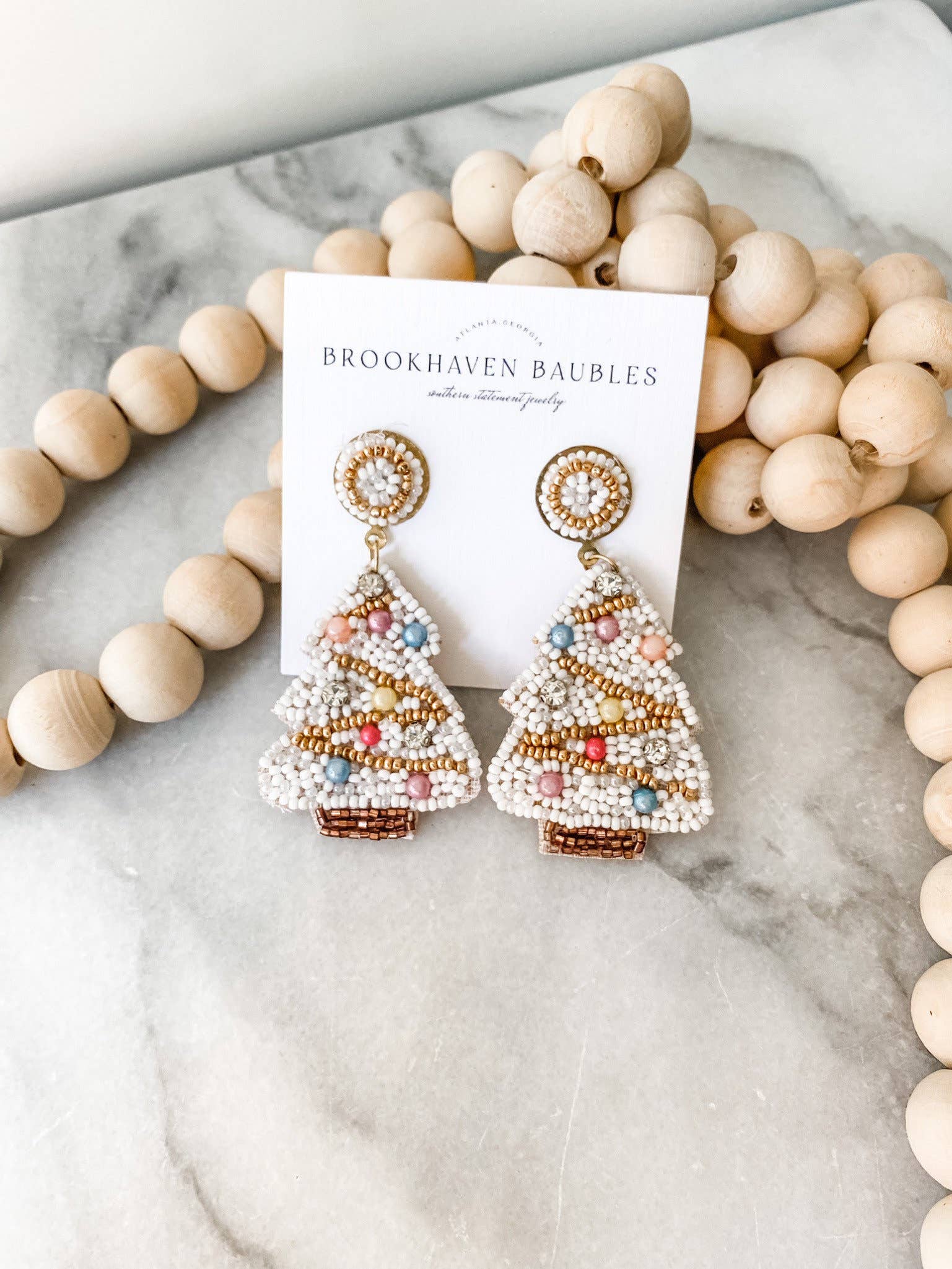 Brookhaven Baubles - Wholesale Dangle Earrings - White Christmas Tree Beaded Statement Earrings1