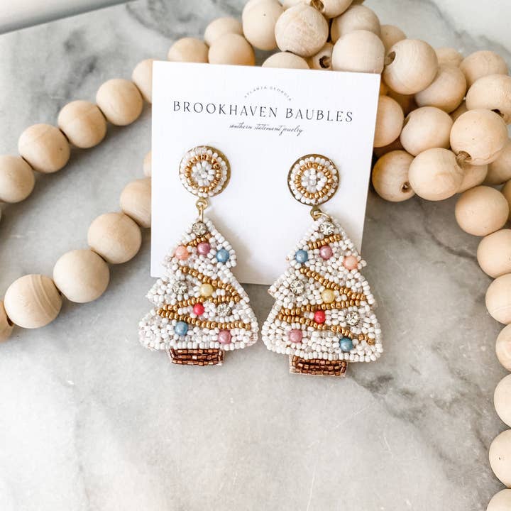 Brookhaven Baubles - Wholesale Dangle Earrings - White Christmas Tree Beaded Statement Earrings1