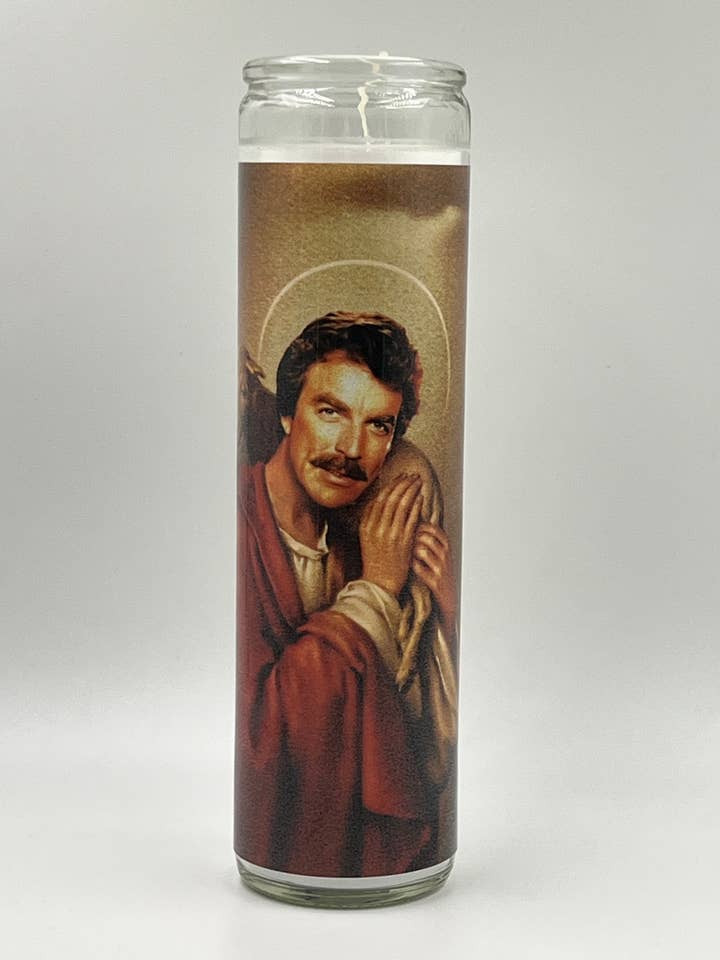 Tom Selleck Magnum P.I. celebrity prayer candle for wholesale by Rustbelt Cooperative