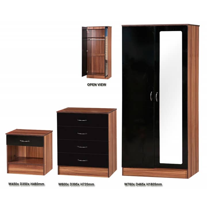 Black Gloss & Walnut 2 Door Mirrored 3 Piece Wardrobe Set for wholesale by ARK Wholesale LTD
