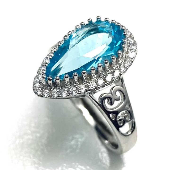 Victorian-Style Helenite Pear Halo Sterling Silver Ring for wholesale by Twan Kee Jewelry