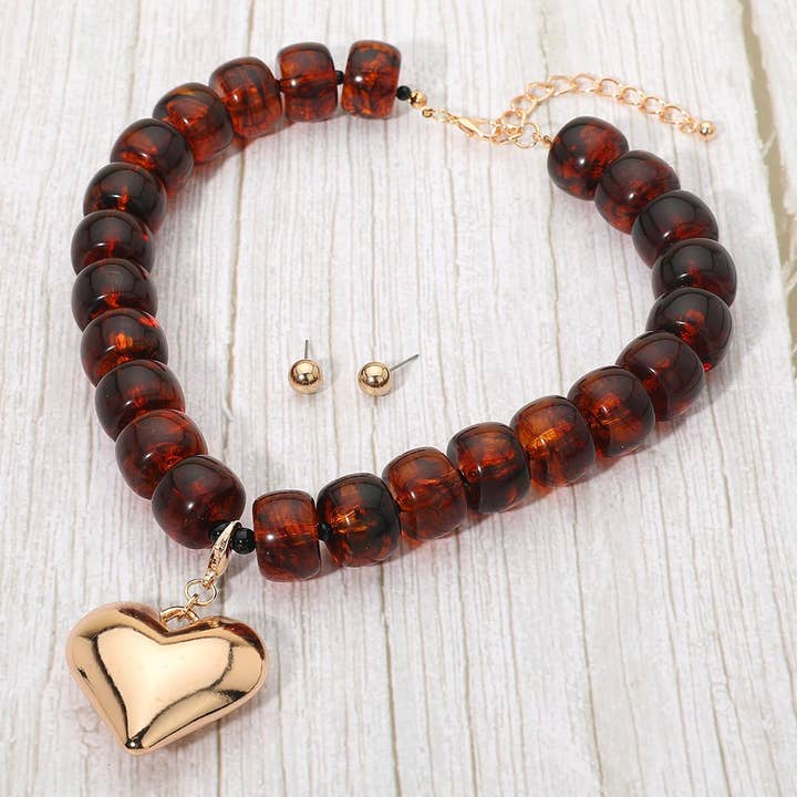 Puffy Metal Heart Pendant Chunky Beaded Statement Necklace for wholesale by Sensibling Corp.