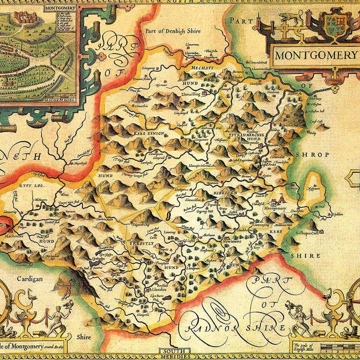 Mappa storica del Montgomeryshire (1610) per la vendita all'ingrosso da parte di Map Marketing Limited