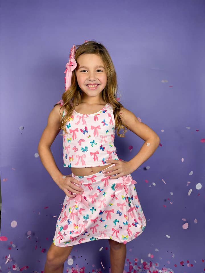 Three Wildflower Designs - Wholesale Activewear Set - Kids - Bow and Butterfly Two-Piece Athletic Tank and Skort Set