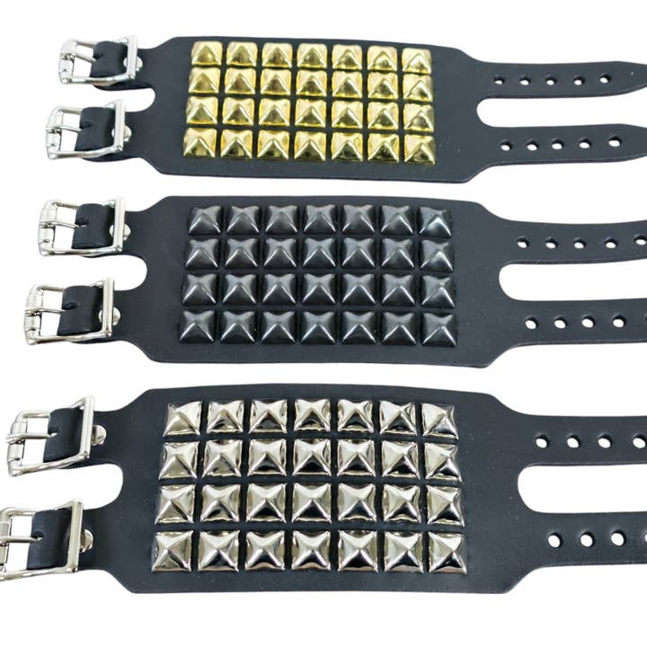 BC412 4 ROW PYRAMID STUDDED DOUBLE BUCKE CUFF BRACELET for wholesale by Funk Plus