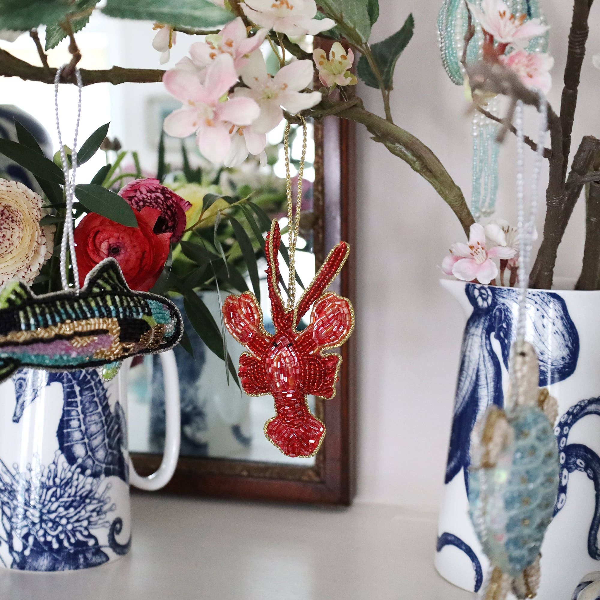 Cream Cornwall - Wholesale Ornament - Beaded Red Lobster Hanging Decoration2