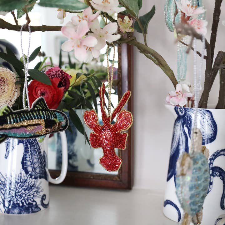 Cream Cornwall - Wholesale Ornament - Beaded Red Lobster Hanging Decoration2