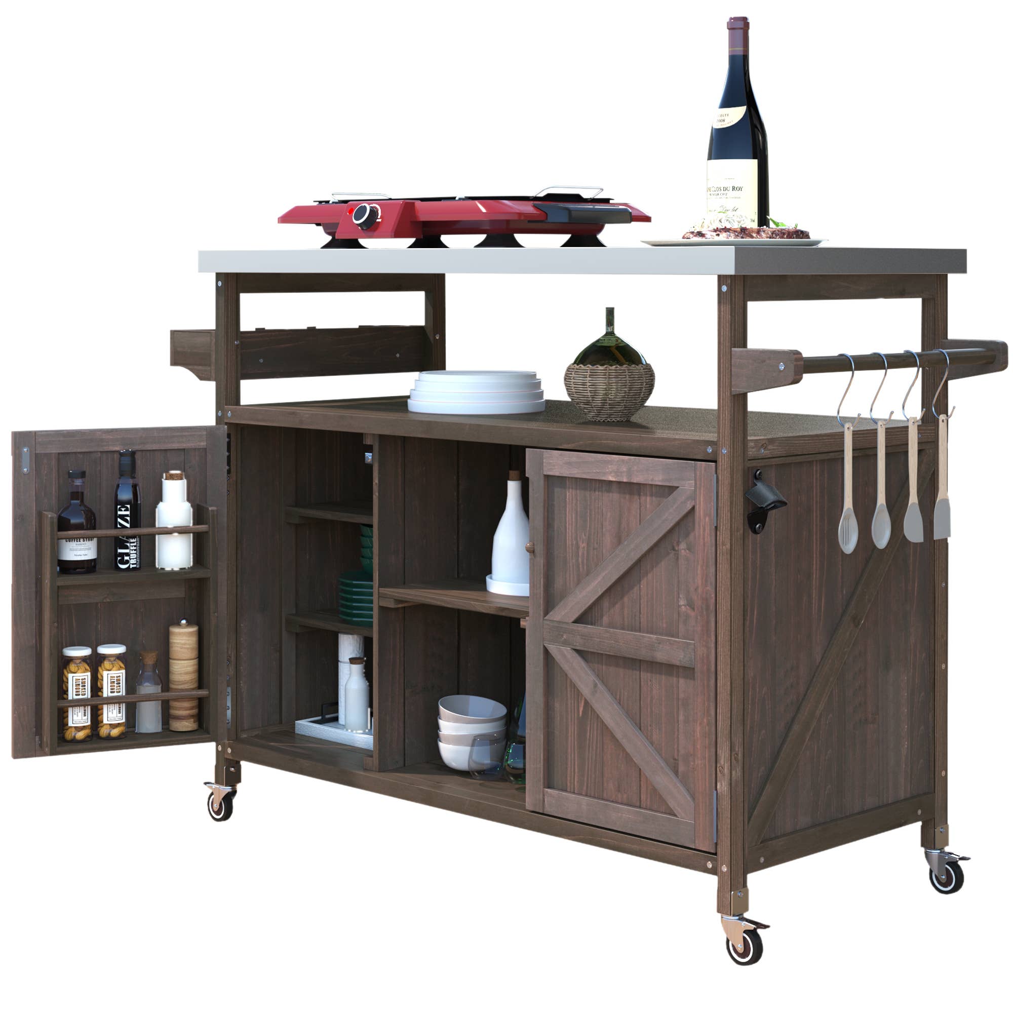 39F Inc. - Wholesale Outdoor Ornament/Decor - Outdoor Kitchen Island,Farmhouse Solid Wood Rolling Cart50