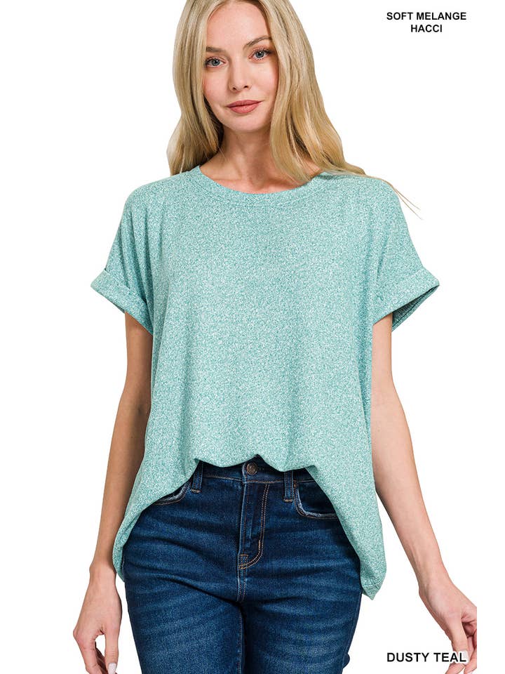 42POPS - Wholesale Knit Top - Women's - ", Soft Melange Folded Sleeve Round Neck Top
