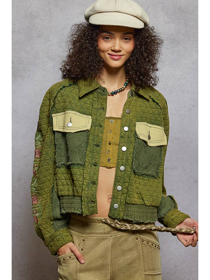 Pol Clothing - Wholesale Jacket - Women's - Vintage washed embroidered sleeve quilted jacket