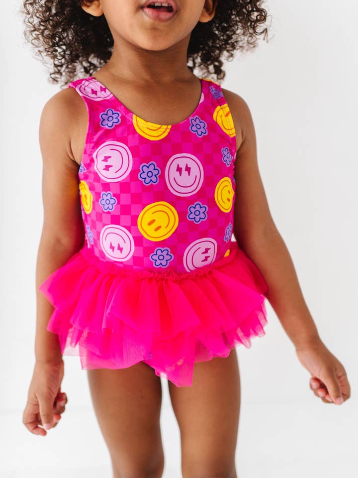 Kiki + Lulu - Wholesale One Piece Swimsuit - Kids - Electric Smiles Swimsuit With Tutu