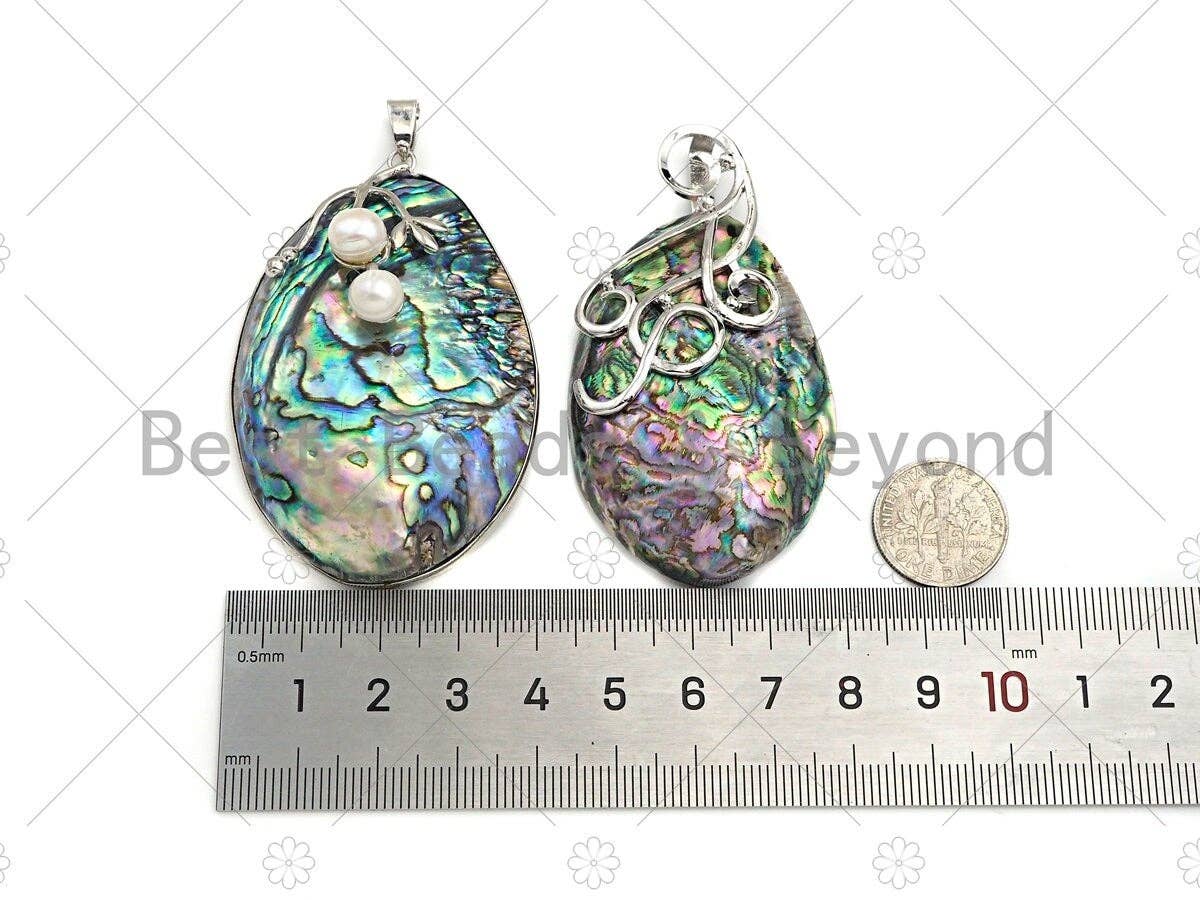BestBeads&Beyond - Wholesale Individual Charm/Pendant - Large Natual Abalone Shell Pendant, Focal Puffy Abalone Pendant Silver Gold Finish with Pearl, Focal Abalone Charm, sku#R393