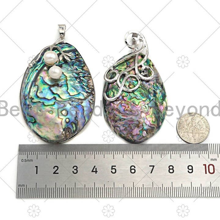 BestBeads&Beyond - Wholesale Individual Charm/Pendant - Large Natual Abalone Shell Pendant, Focal Puffy Abalone Pendant Silver Gold Finish with Pearl, Focal Abalone Charm, sku#R393