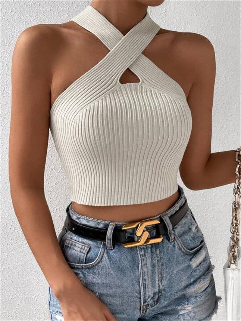 safistyle - Wholesale Knit Top - Women's - Cross Halter Ribbed Crop Top0