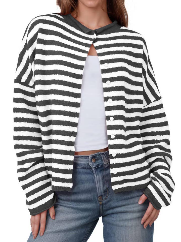 Suhkasana - Wholesale Cardigan - Women's - Striped Color Block Cardigan Sweater | Long Sleeve Casual Open Front17