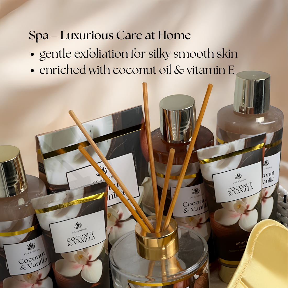 Jane & Bloom - Vente Set de bain et corps - Coffret Cadeau Spa Noix de Coco & Vanille, Coffret Soin de Soi2