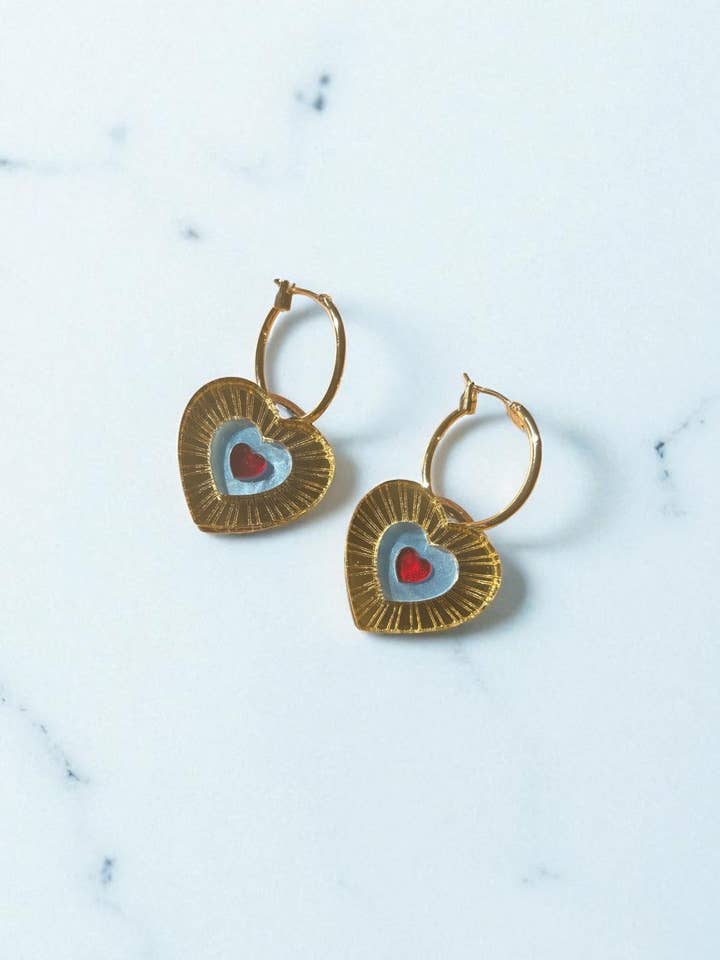 Blue, Gold and Red Heart Hoop Earrings – Acrylic Statement Dopamine Maximalism Cottagecore Kawaii Celestial Alt Gift Jewellery Red Centre for wholesale by Squishy Jewellery