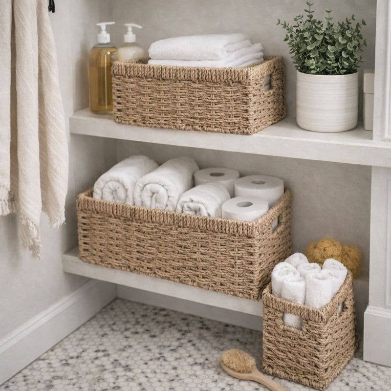 SWS BASKETS AND HOME DECOR – Großhandel Korb – Geflochtene Seegras-Aufbewahrungskörbe, 3er-Set mit Griffen2