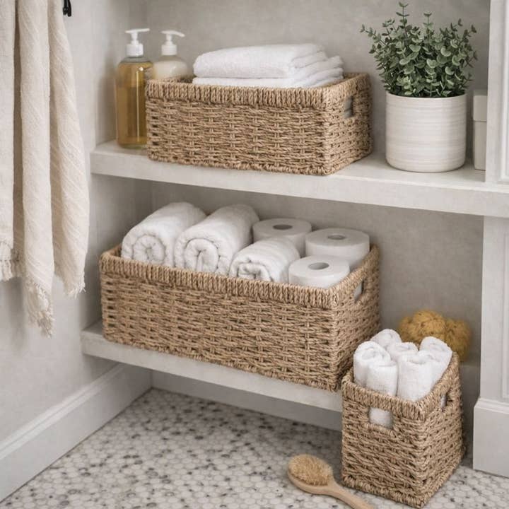 SWS BASKETS AND HOME DECOR – Großhandel Korb – Geflochtene Seegras-Aufbewahrungskörbe, 3er-Set mit Griffen2