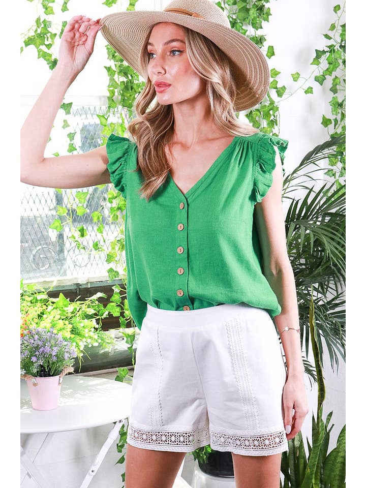 Vine & Love - Wholesale Blouse - Women's - V-Neck Sleeveless Ruffled Cotton Linen Top VT8168811