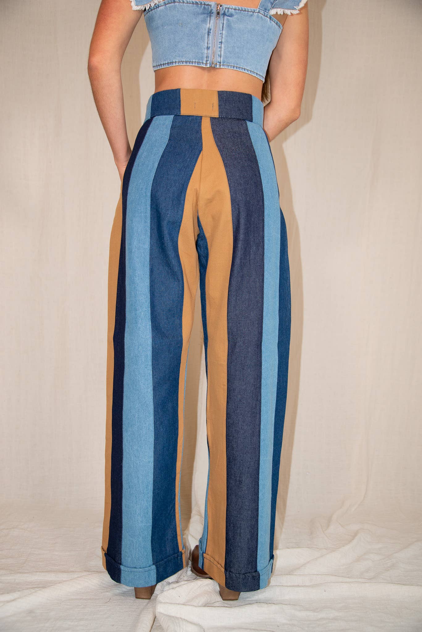 Gipcco Design - Wholesale Pants - Women's - Denim Striped Patchwork Pants – Straight Leg, Wide Fit3