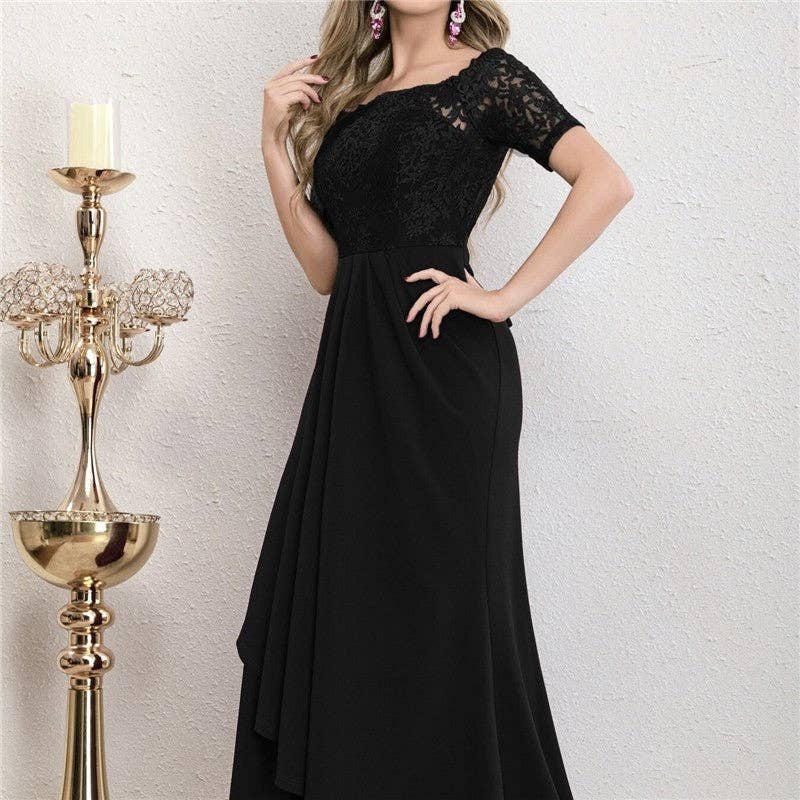 FurDecoration - Vente Robe de soirée – femme - Robe formelle à manches longues et patchwork en dentelle0