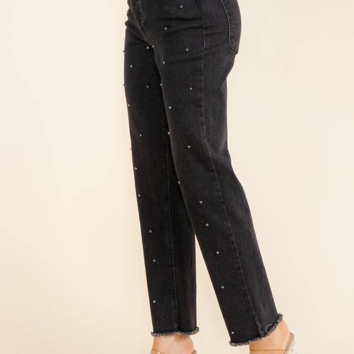 S80231- Jeweled 5-pocket straight-leg frayed hem jeans for wholesale by IWT Brands