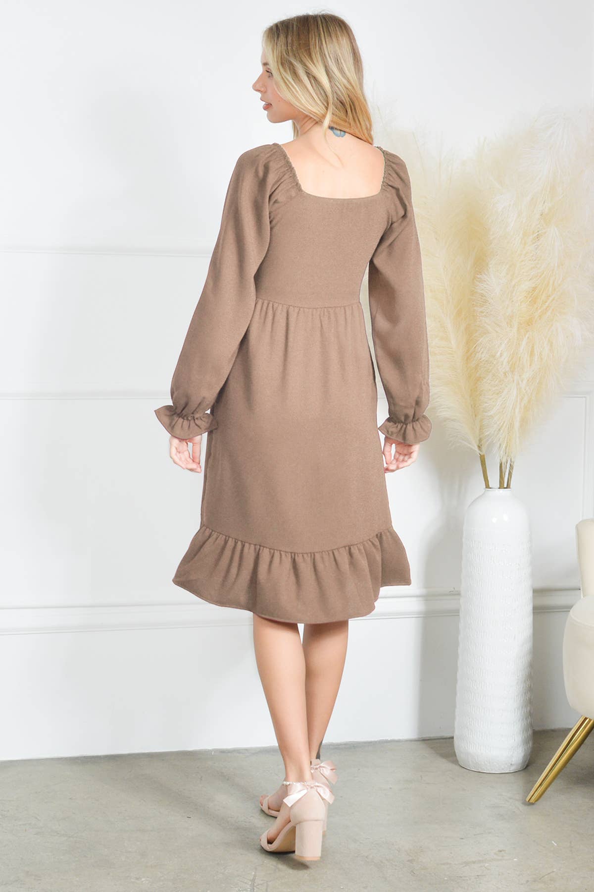 Loven x Mini Momo - Wholesale Dress - Women's - Smocking Dress Long Sleeve Ruffle Hem Smocking Crepe Midi1