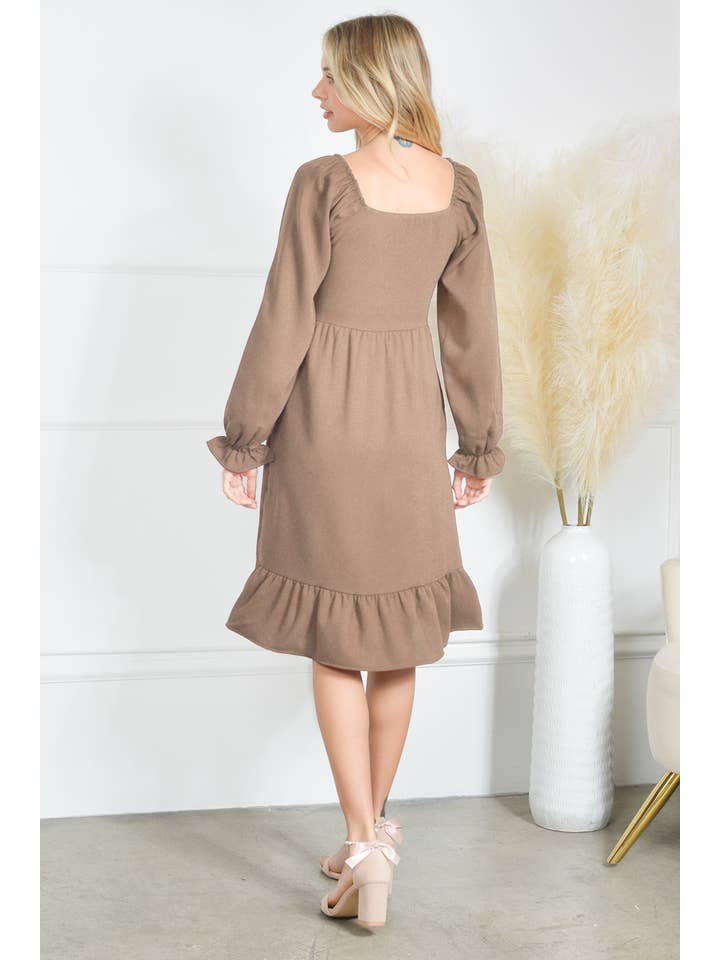 Mini Momo - Wholesale Dress – Women's - Smocking Dress Long Sleeve Ruffle Hem Smocking Crepe Midi1
