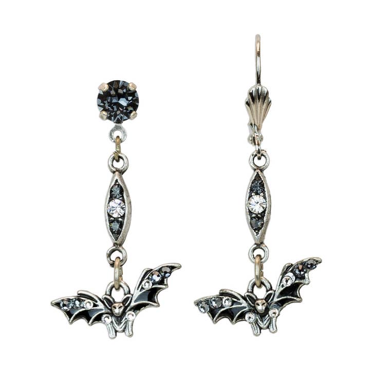 Morticia Black Bat Charm Crystal Earrings for wholesale by Anne Koplik Designs, Inc.