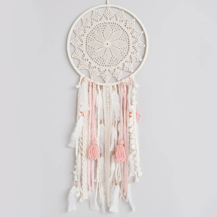 ATTRAPE-RÊVES GRAND ATTRAPE-RÊVES ROSE, décoration murale faite à la main pour la vente par MANIK