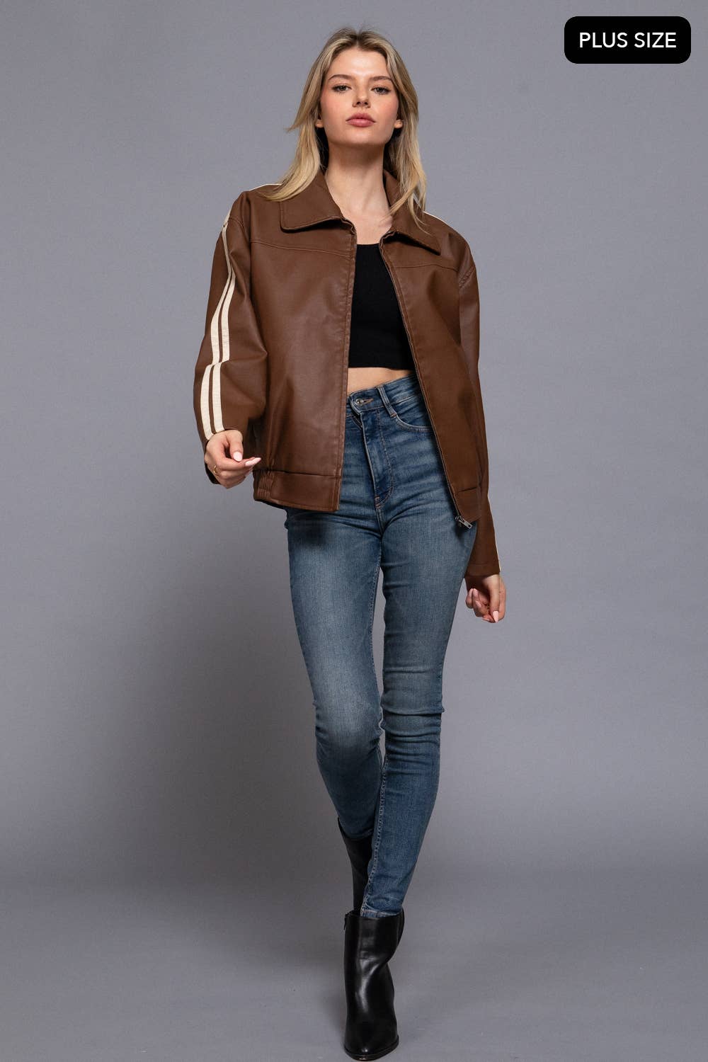 Active Basic | Active USA - Wholesale Leather Jacket - Women's - [PLUS SIZE] Long Sleeve Line Detail Faux Leather Jacket13