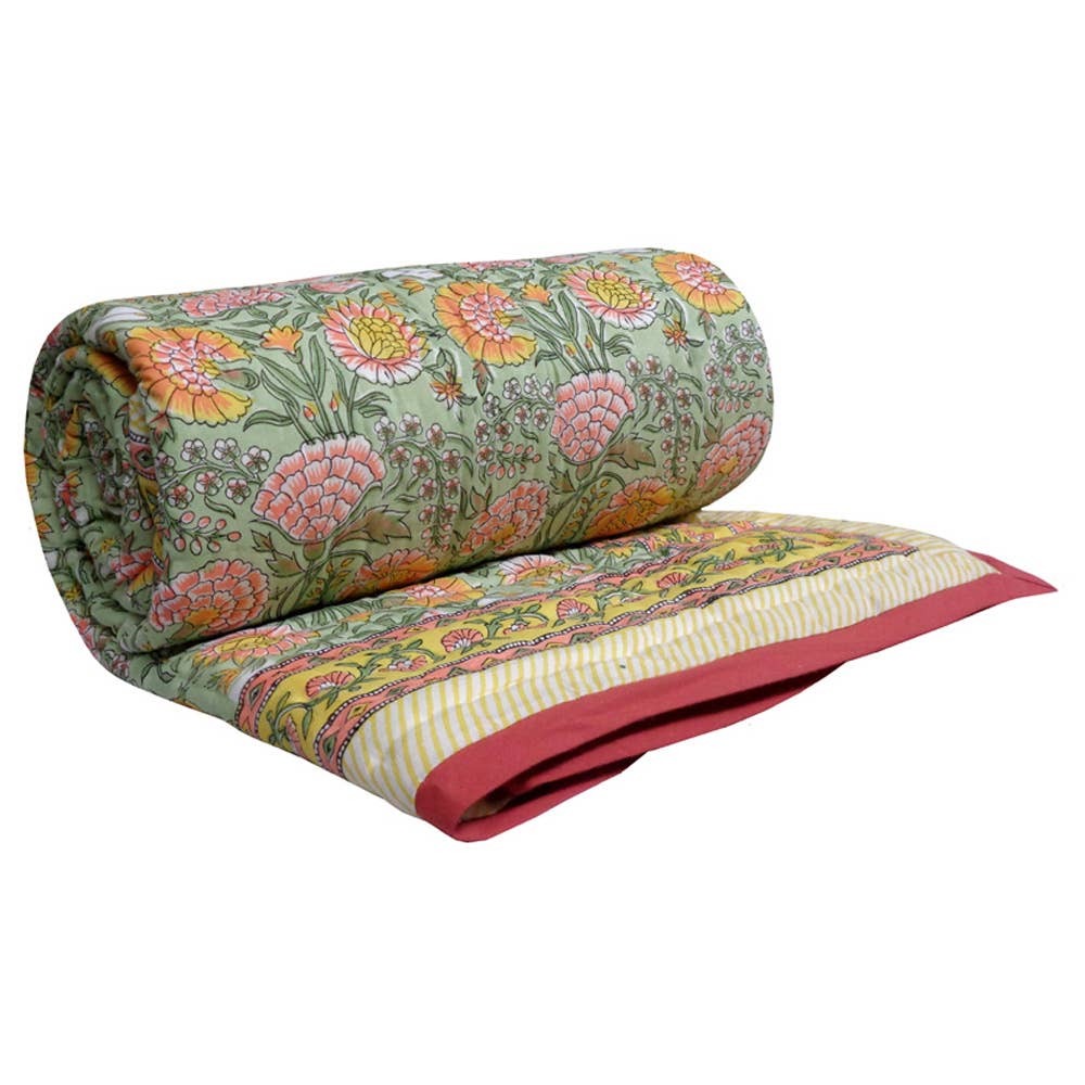 Ayras World – Großhandel Bettdecke – Reshma Sea Green Wendbare Steppdecke mit handgeblocktem Druck4