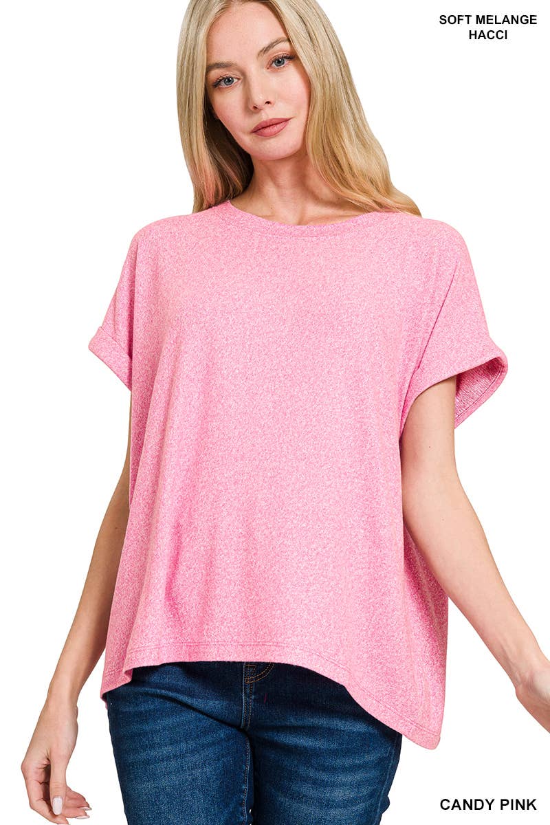 42POPS - Wholesale Knit Top - Women's - `.Soft Melange Folded Sleeve Round Neck Top3
