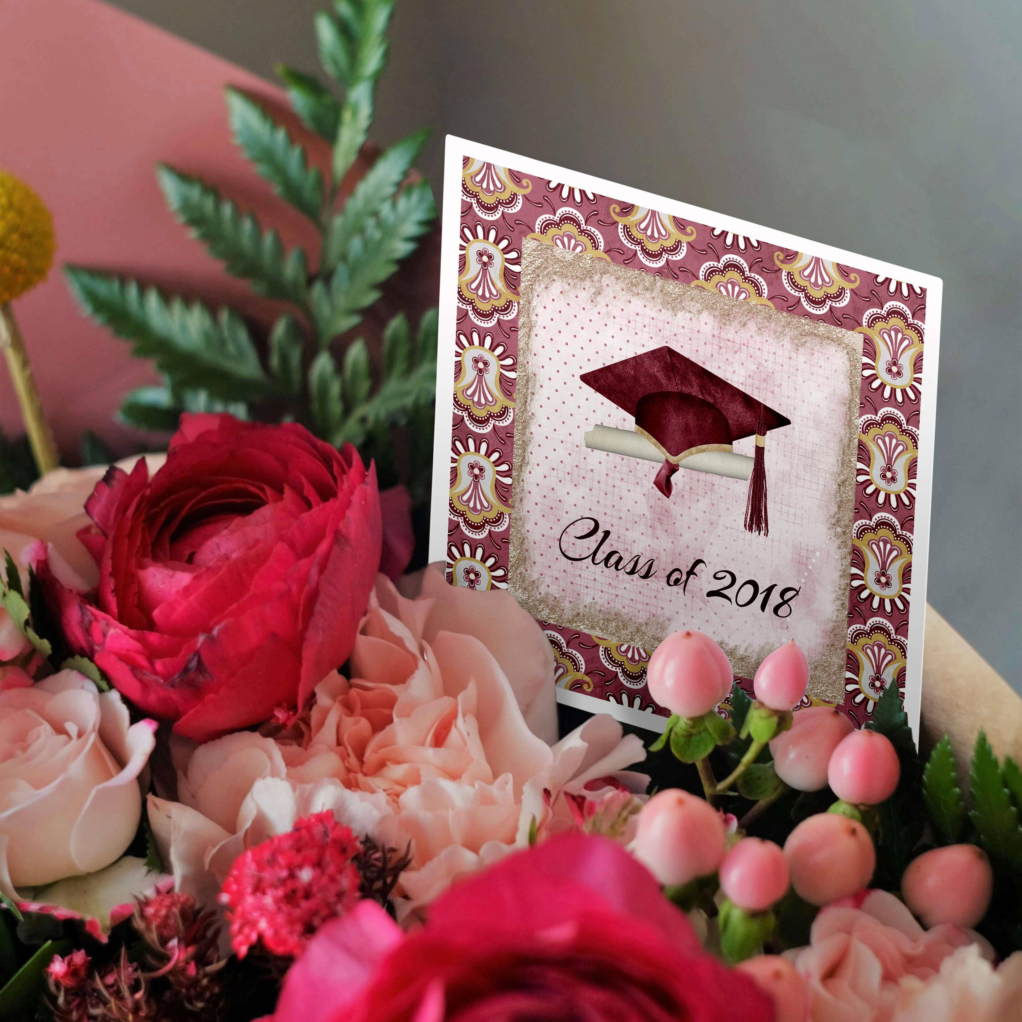 3dRose – wholesale Everyday greeting card – 3dRose, Graduation Cap, Diploma, Faded Dots, Pink Frame, Flower, 2018, Red, Greeting Card2